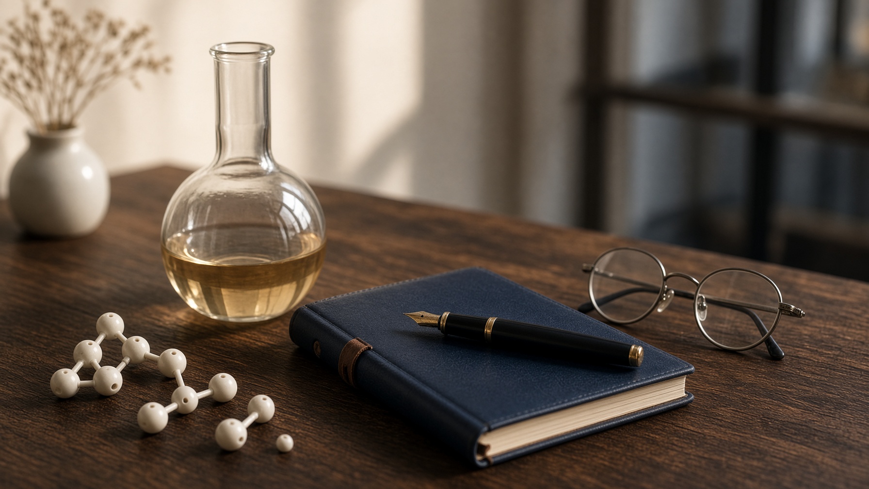 Editorial still life of laboratory glassware, a notebook, and a molecular model on a walnut bench